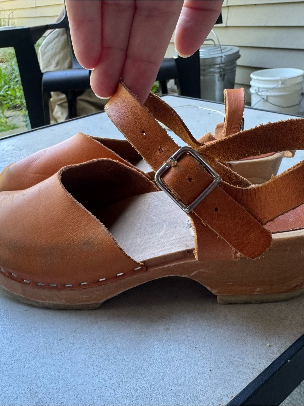 Women's Tan Leather Clog Mules with Adjustable Buckle Strap